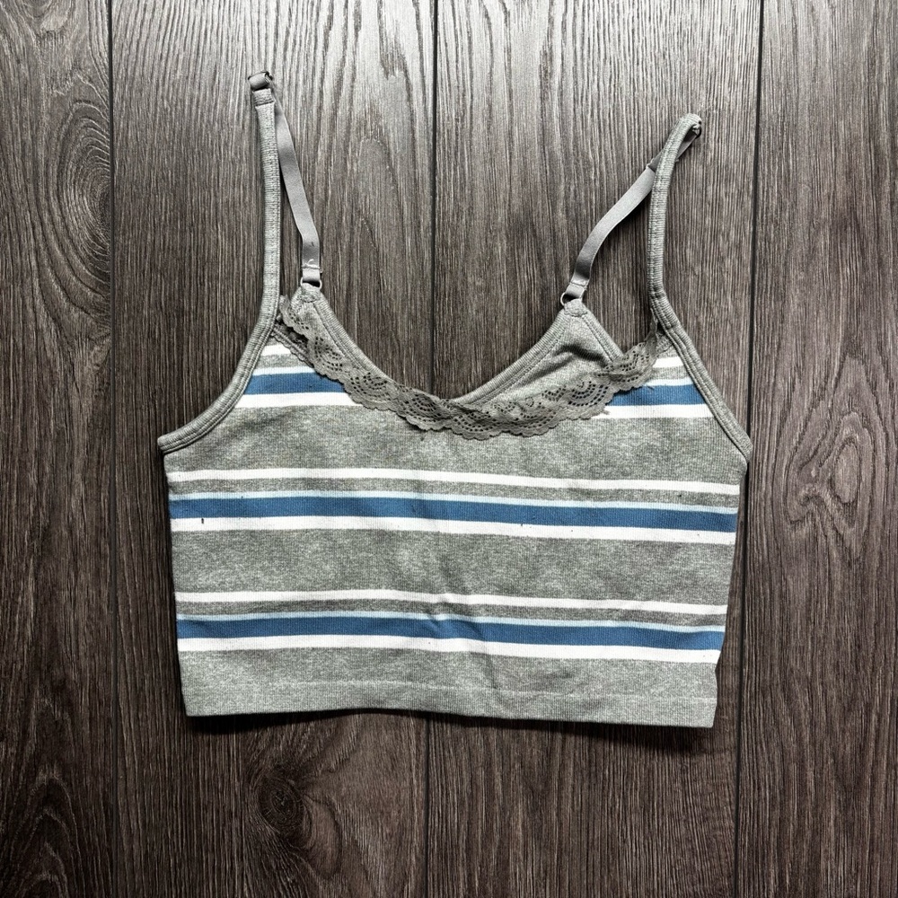 Aries Elegant Gray and Blue Striped Bralette with Lace Trim Large